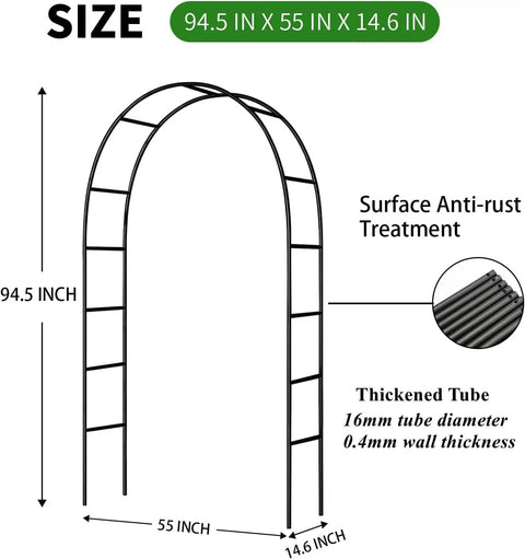 Diagram of 94.5 x 55 inch Sturdy Garden Pergola Arbor Arch Trellis With 16mm Metal Tubes and 0.4mm Wall, Black Finish, Weather Resistant