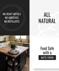 Collage of all natural tung oil benefits and kitchen countertop example; no heavy metals, food safe matte finish for DIY woodwork.