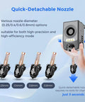 Quick-detachable nozzle assembly for Adventurer 5M Series 3D Printer with various diameters, shown with hand holding nozzle.