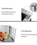 Stainless Steel Bar Sink 15 x 15 Inch Drop In Topmount Workstation Single Bowl Perfect For Kitchen Office Laundry Wet Bar RV Outdoor Yard Prep With Ultra Thick 3mm Rim And 16 Gauge Durability showing deep bowl with fruit