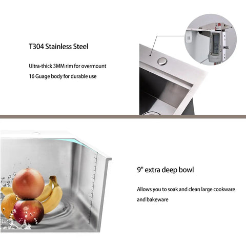 Stainless Steel Bar Sink 15 x 15 Inch Drop In Topmount Workstation Single Bowl Perfect For Kitchen Office Laundry Wet Bar RV Outdoor Yard Prep With Ultra Thick 3mm Rim And 16 Gauge Durability showing deep bowl with fruit