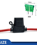Heavy Duty 12 Gauge Inline Fuse Holder Red 6 Pack For 30 Amp Blade Fuses with waterproof lid and green 30A fuse size details