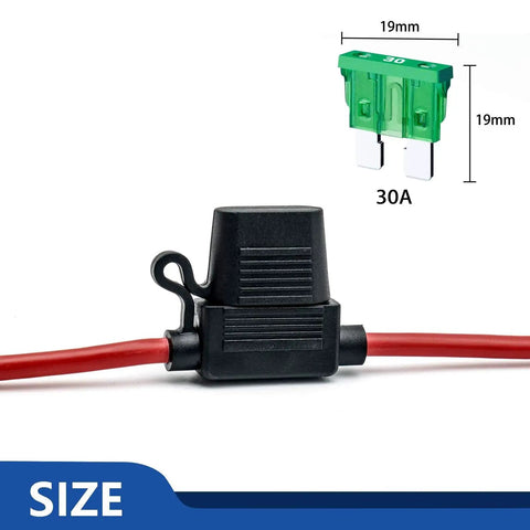 Heavy Duty 12 Gauge Inline Fuse Holder Red 6 Pack For 30 Amp Blade Fuses with waterproof lid and green 30A fuse size details