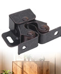 Double Roller Cabinet Lock Latch With Mounting Screws for Cupboard Doors and Drawers, black metal design, close-up view.