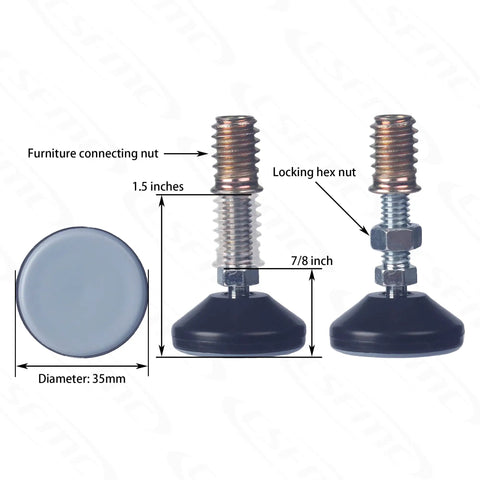 Dimensions and components of Furniture Leveler Swivel Feet With PTFE Bottom 35mm Base And 5/16-18 Threaded Shank Leveling Pads