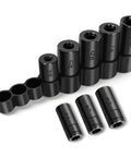 8 Piece Tap Socket Set For Quarter Inch And Three Eighths Inch Drive Adapters For Socket Wrench Fits MCTI Taps Through One Half Inch And One Eighth Inch NPT Taps Rugged Durable Build For Wide Range Of Jobs, black sockets displayed