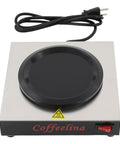 Keep Your Morning Brew Piping Hot With This Rugged Stainless Steel Coffee Warmer Plate featuring black heating surface and power cord.