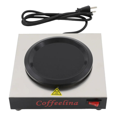 Keep Your Morning Brew Piping Hot With This Rugged Stainless Steel Coffee Warmer Plate featuring black heating surface and power cord.