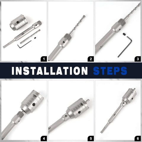 Sollar 11-piece concrete hole saw kit collage with 300mm SDS MAX shank, carbide tips, drill bits and hex key.
