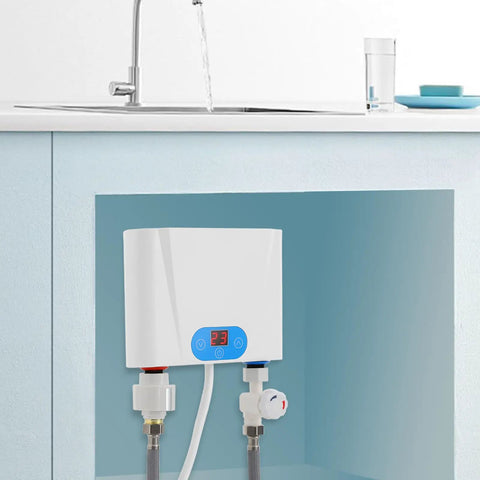 Ace Wall Mounted Tankless Water Heater Delivers Instant Hot Water With 220Volt 5Point5Kilowatt Fast Heating For Kitchen And Bathroom Featuring Slick Space Savvy Build Ready When You Call, mounted under kitchen sink.