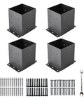 Heavy Duty Black Powder Coated 6x6 Post Base Brackets For Deck Porch Fence Railing And Pergola Support 4 Pack With Inner Size 5.6 By 5.6 Inches Durable Steel Anchor, shown with installation hardware and wrench.