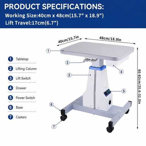 Product specifications for Heavy Duty Motorized Lift Table With Wheels And Black Chassis For Medical Optics Dental Beauty Kit 26 To 32 Inches.