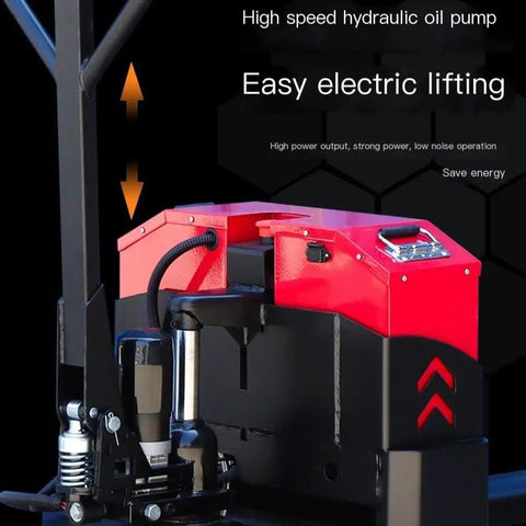 Heavy Duty Full Electric Pallet Jack With Lithium Battery Holds 6600 Lbs, showing high speed hydraulic oil pump and controls.