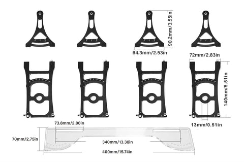 Diagram of One Eighth Scale RC Car Setup Stand and Alignment Kit, CNC Aluminum Chassis Fixture dimensions shown.