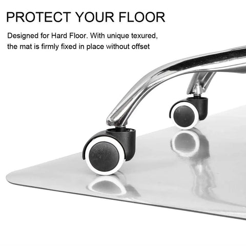 Close-up of chair wheels on Clear Chair Mat For Hardwood Floors 30 By 48 Inches, Transparent Floor Protector For Wood And Tile