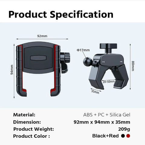 Product specifications showing dimensions and materials of Rotatable Universal Golf Cart Phone Holder That Is Big Phones Friendly Fits Thick Cases Easy Mount For IPhone Samsung Pixel And Most Smartphones Compatible With EZGO Club Car Yamaha Golf Carts And Other Bar Mounts.