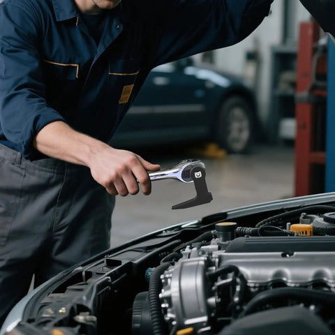 Mechanic using Ninety Degree Bend Pry Bar Wrench Adapter For Three Eighths Inch Drive Crowbar With Hammerable Head on engine