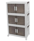 Super Sturdy Folding Storage Bins With Four Rollers For No Sweat Moving Quick Assembly Durable Plastic Bins stacked in three tiers.
