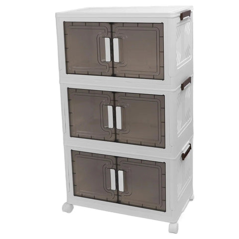 Super Sturdy Folding Storage Bins With Four Rollers For No Sweat Moving Quick Assembly Durable Plastic Bins stacked in three tiers.