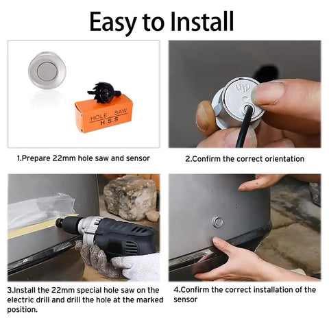 Installation process for Wireless Parking Sensor System With 4 Blue Backup Sensors, showing steps for drilling and sensor placement.