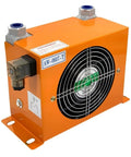 High Flow Hydraulic Air Cooler For Oil Cooling Heavy Duty Air Cooled Radiator Heat Exchanger 12V DC, orange metal case.