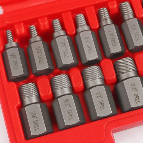 Close-up of Beefy 17 Piece Screw Extractor Set With Hex Head Remover Tools in a red storage box, showing various sizes.