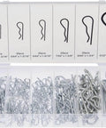 Cotter Pin Assortment Kit 150 Piece Zinc Plated Steel Clips Hair Pin R Clips Set in open box showing assorted sizes.