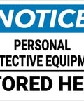 Personal Protective Equipment Stored Here Notice Sign Aluminum 8 By 12 Inches blue header white background black lettering