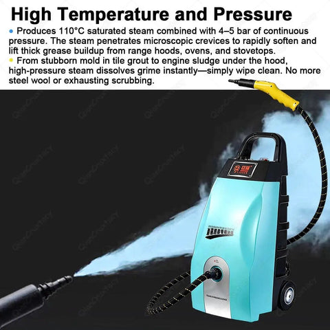 QianCruxtacy Commercial Steam Cleaner For Home And Auto With 4-5 Bar Pressure And Continuous Steam Output, blue model, steam production, high pressure.