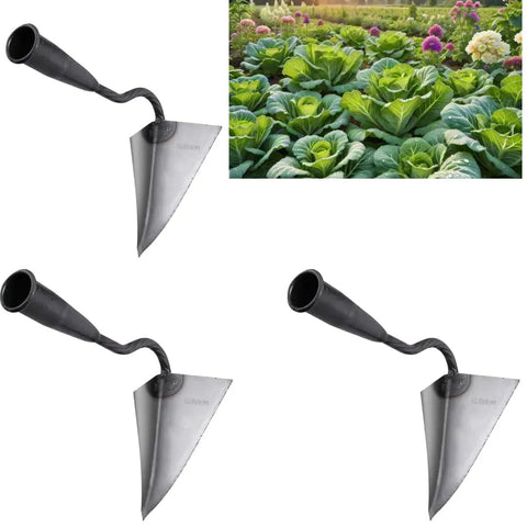Triangle Hoe Digger Garden Tool Set For Weeding, Planting, And Ditch Digging with Iron Head, shown with lush garden scene