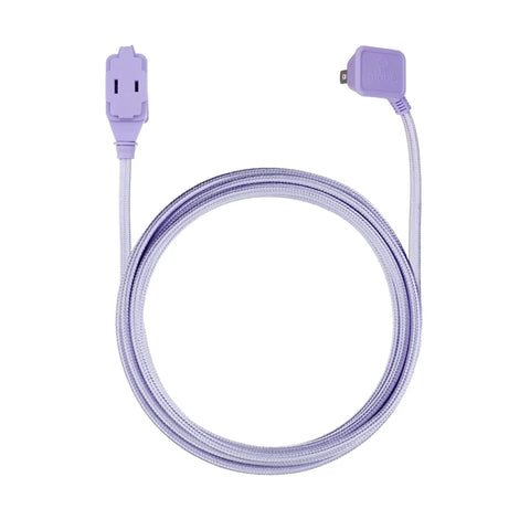 Designer Series Stylish Fabric Extension Cord 9 Feet Long With Right Angle Plug And Three Polarized Outlets 125 Volts Metallic Purple shown coiled