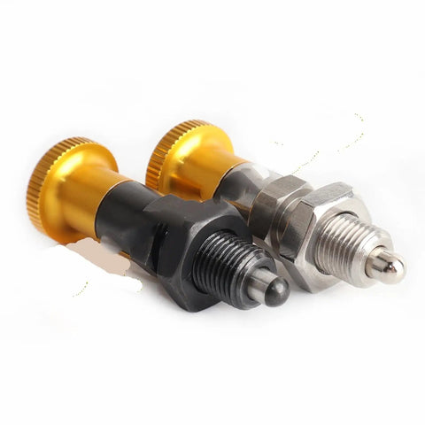 Tough As Nails Self Locking Indexing Plunger With Fine Thread Aluminum Knob And Durable Carbon Steel M5 To M16 with two styles.