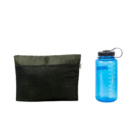 Kompound Camping Hammock With Net And Warm Internal Cover packed in a black case next to a blue water bottle.