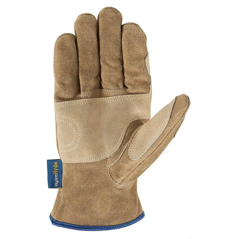HydraHyde Leather Work Gloves, palm view, showing reinforced palm and thumb details, water resistant, split cowhide material.