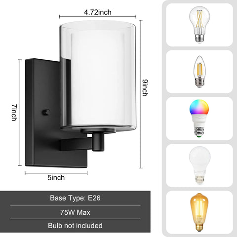 Modern Matte Black Wall Sconces Set Of Two Double Clear Glass Vanity Lights with dimensions and E26 base for stylish lighting.