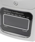 Heavy Duty Electronic Punch Time Clock For Small Business Crews Offering Hassle Free Auto Aligning Card Feeder And Keyed Security Lock Includes Fifty Trackers Plus Master Control Key display panel showing days and date options.