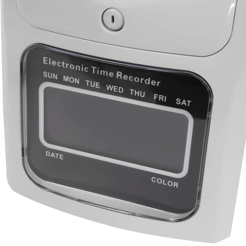Heavy Duty Electronic Punch Time Clock For Small Business Crews Offering Hassle Free Auto Aligning Card Feeder And Keyed Security Lock Includes Fifty Trackers Plus Master Control Key display panel showing days and date options.
