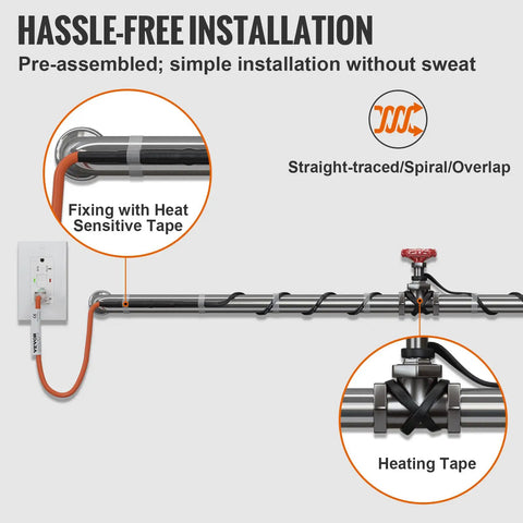 Diagram showing Self Regulating Pipe Heating Cable 60 Feet 5W Per Foot Heat Tape For Freeze Protection Keeps PVC Metal And Plastic Pipes From Freezing 120V Ideal For Outdoor Hoses Basements Valves And Drains installation on pipes.