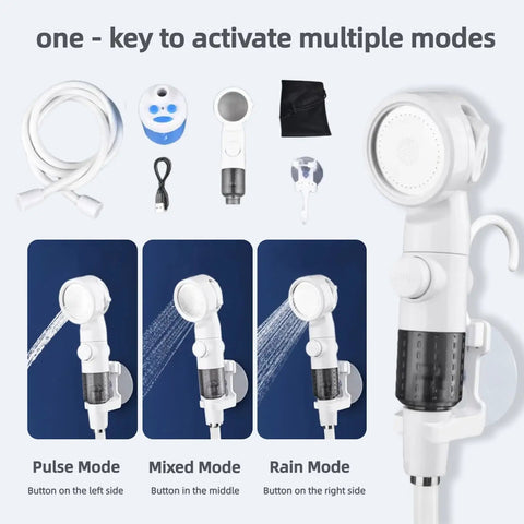 Rechargeable Camping Shower With USB-C showing components and three spray modes, mesh storage bag included
