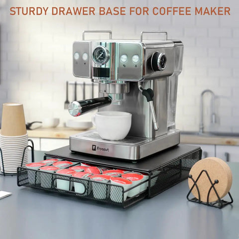 Wooden Coffee Station Organizer With 2-In-1 Pod Drawer And Tea Bag Holder, featuring six compartments under espresso machine
