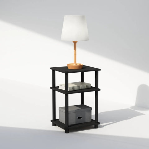 3 Tier Open Storage Nightstand With Turn N Tube Poles, Sleek Americano Black Bedside Table with lamp, books, and box