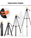 80 Inch Aluminum Fluid Head Video Tripod With Quick Release Plate showing adjustable height settings from 34.6 to 79.5 inches.