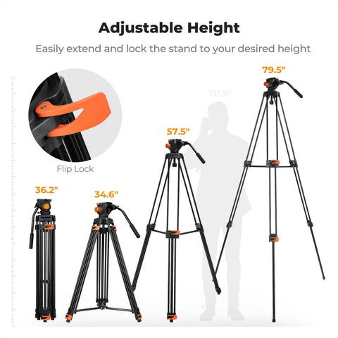 80 Inch Aluminum Fluid Head Video Tripod With Quick Release Plate showing adjustable height settings from 34.6 to 79.5 inches.