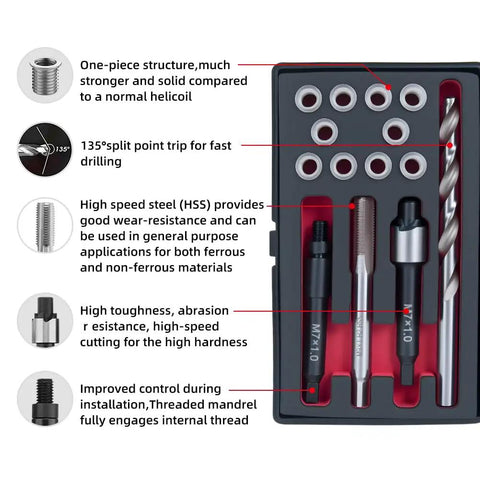 Stainless Steel M7x1.0 Thread Repair Kit With Inserts, Drill, Tap, Counterbore And Installation Driver, 10 Pieces in packaging