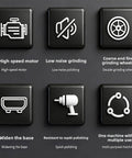 Icons illustrating features of Luocute Mini Bench Sander Grinder Polisher 100W Cordless Electric Tool with various functions.