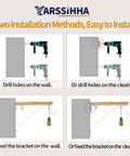 Installation guide for Heavy Duty Adjustable Closet Rod Brackets Two Pack, showing drilling methods and bracket fixing.