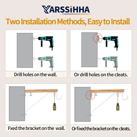 Installation guide for Heavy Duty Adjustable Closet Rod Brackets Two Pack, showing drilling methods and bracket fixing.