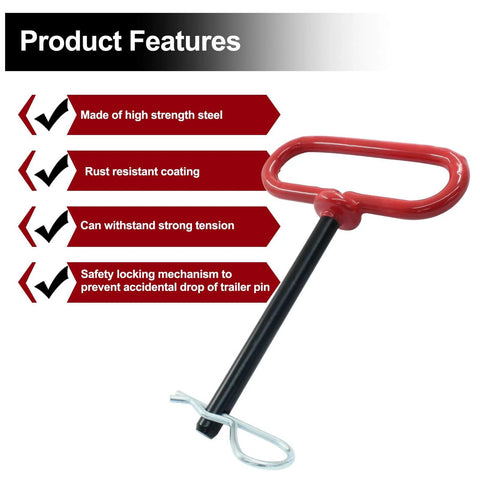 Three Eighths By Four Inch Trailer Tow Hitch Pin And Clip In Red For RVs, Tractors, And Lawn Mowers with product features