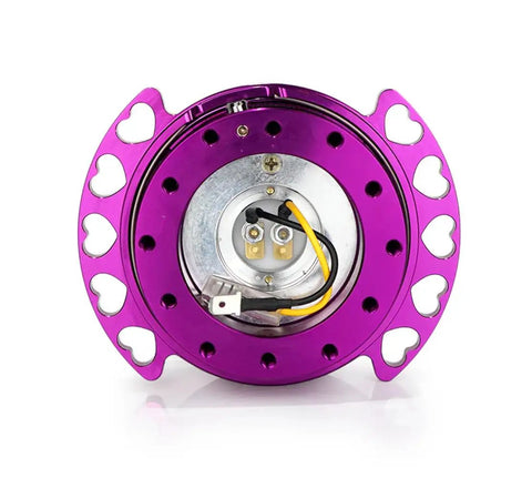 Front view of Dope Purple Heart Cutout Steering Wheel Quick Release Kit Gen 2.0 Adapter, Ball Lock Design, purple anodized aluminum.