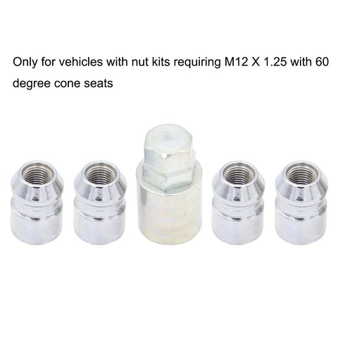 Street Tough Heavy Duty Keyed Wheel Lock Lug Nuts M12x1.25 with 60 Degree Cone Seat in chrome finish for anti-theft security.